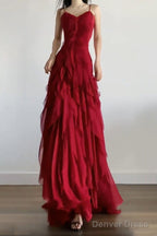 Sexy Mermaid Spaghetti Straps Red Chiffon Ruffles Birthday Dress Long Prom Dresses