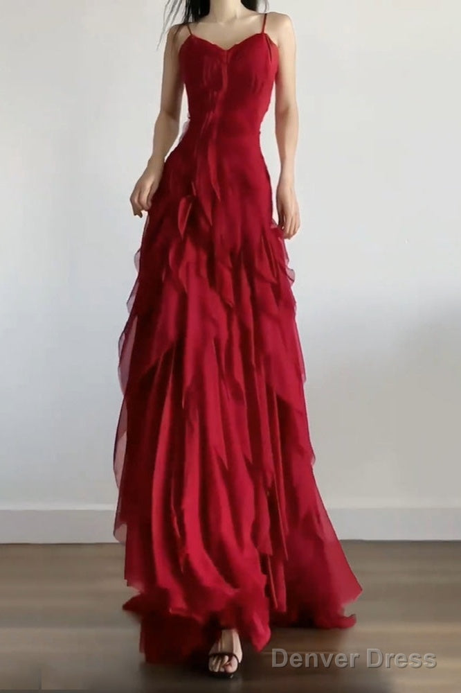 Sexy Mermaid Spaghetti Straps Red Chiffon Ruffles Birthday Dress Long Prom Dresses