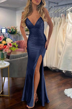 Sexy Mermaid Spaghetti Straps Satin Slit Prom Dress with Hot Stone
