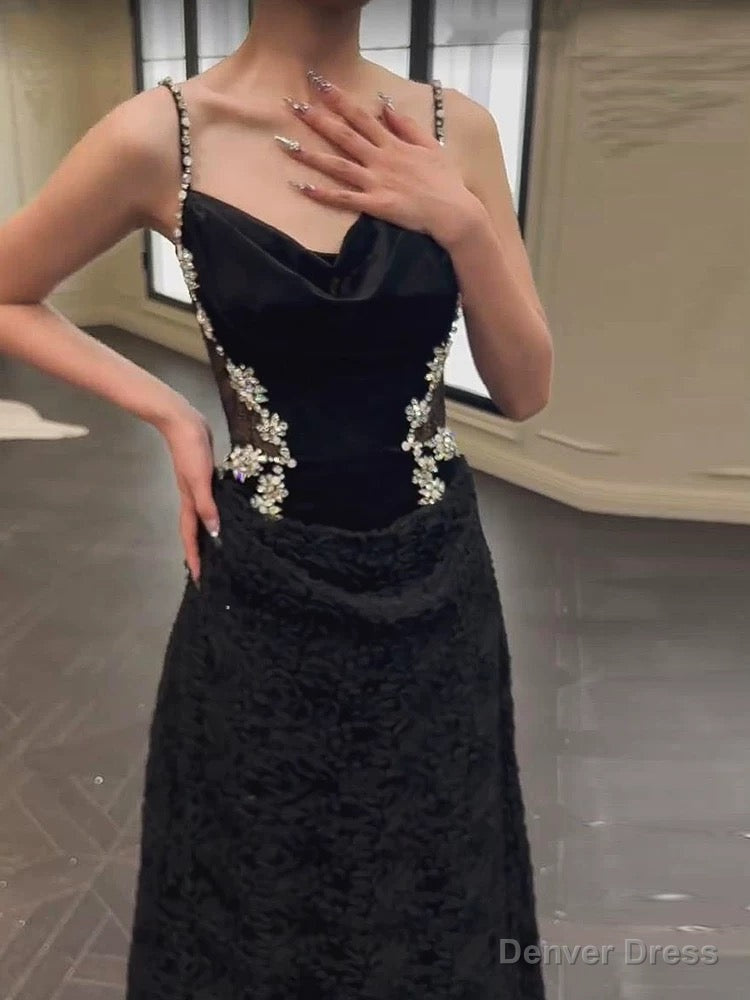Sexy Mermaid Spaghetti Straps Black Floor Length Prom Dress