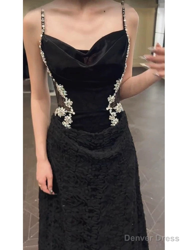 Sexy Mermaid Spaghetti Straps Black Floor Length Prom Dress