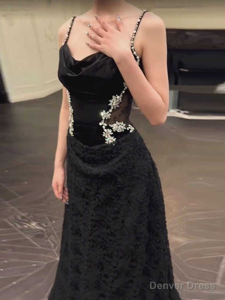 Sexy Mermaid Spaghetti Straps Black Floor Length Prom Dress