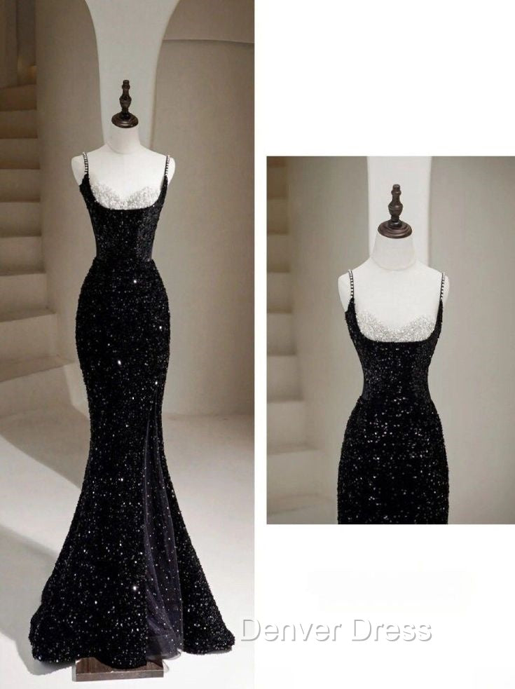 Sexy Mermaid Spaghetti Straps Sequin Black Long Prom Dresses