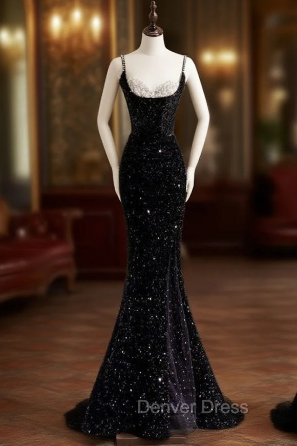 Sexy Mermaid Spaghetti Straps Sequin Black Long Prom Dresses
