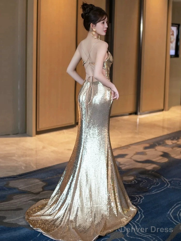 Sexy Mermaid Spaghetti Straps Sequin Gold Floor Length Prom Dress
