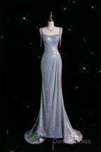 Sexy Mermaid Spaghetti Straps Sequin Silver Evening Gowns Long Prom Dresses