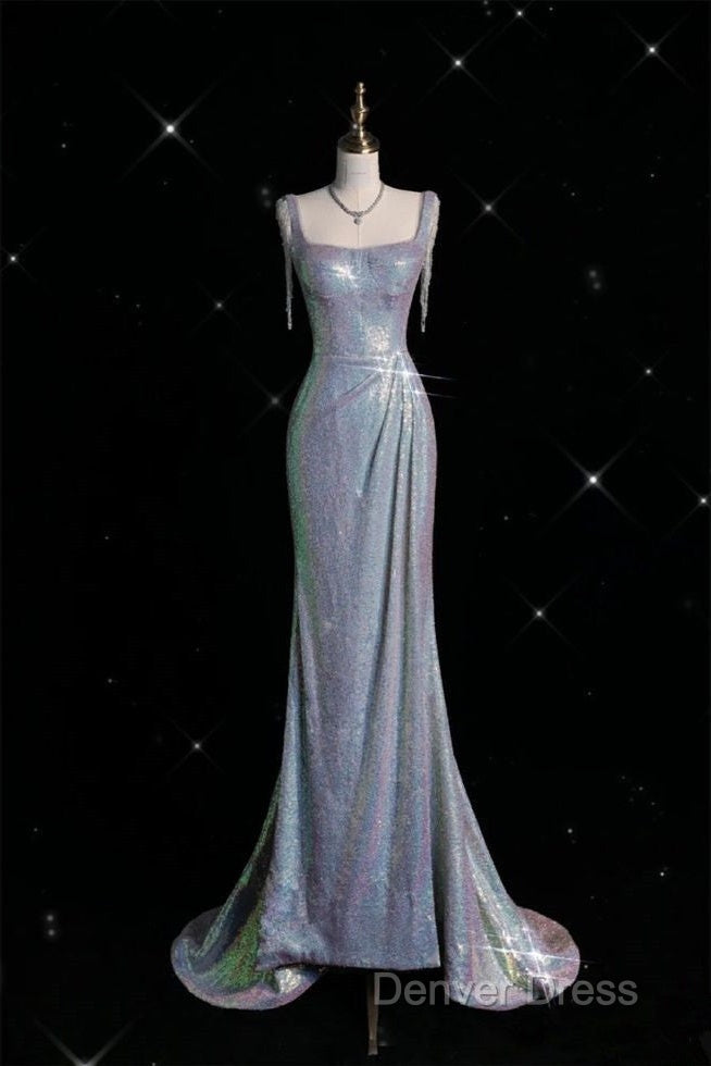 Sexy Mermaid Spaghetti Straps Sequin Silver Evening Gowns Long Prom Dresses