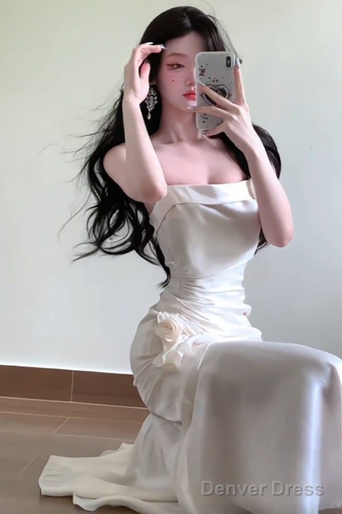 Sexy Mermaid Spaghetti Straps White Long Prom Dresses Night Dress Birthday Outfits