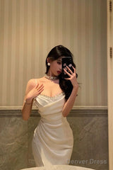 Sexy Mermaid Spaghetti Straps White Satin Slit Prom Dresses Birthday Outfits