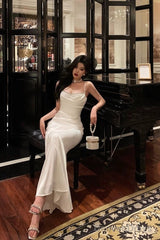 Sexy Mermaid Spaghetti Straps White Satin Slit Prom Dresses Birthday Outfits