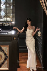 Sexy Mermaid Spaghetti Straps White Satin Slit Prom Dresses Birthday Outfits