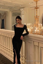 Sexy Mermaid Square Neckline Black Velvet Slit Prom Dresses Birthday Outfits