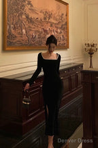 Sexy Mermaid Square Neckline Black Velvet Slit Prom Dresses Birthday Outfits