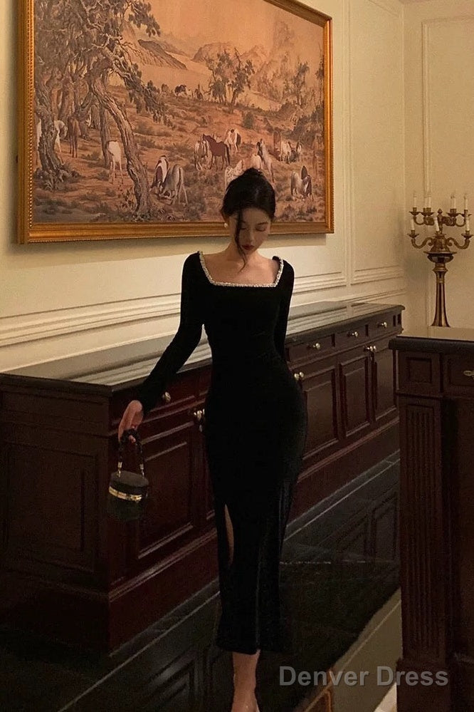 Sexy Mermaid Square Neckline Black Velvet Slit Prom Dresses Birthday Outfits