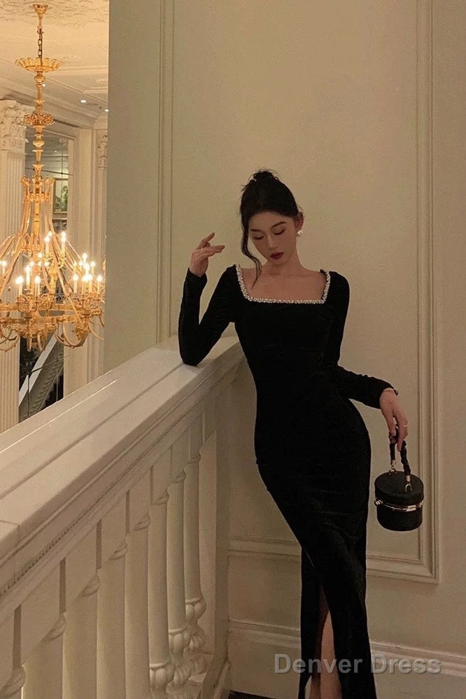Sexy Mermaid Square Neckline Black Velvet Slit Prom Dresses Birthday Outfits