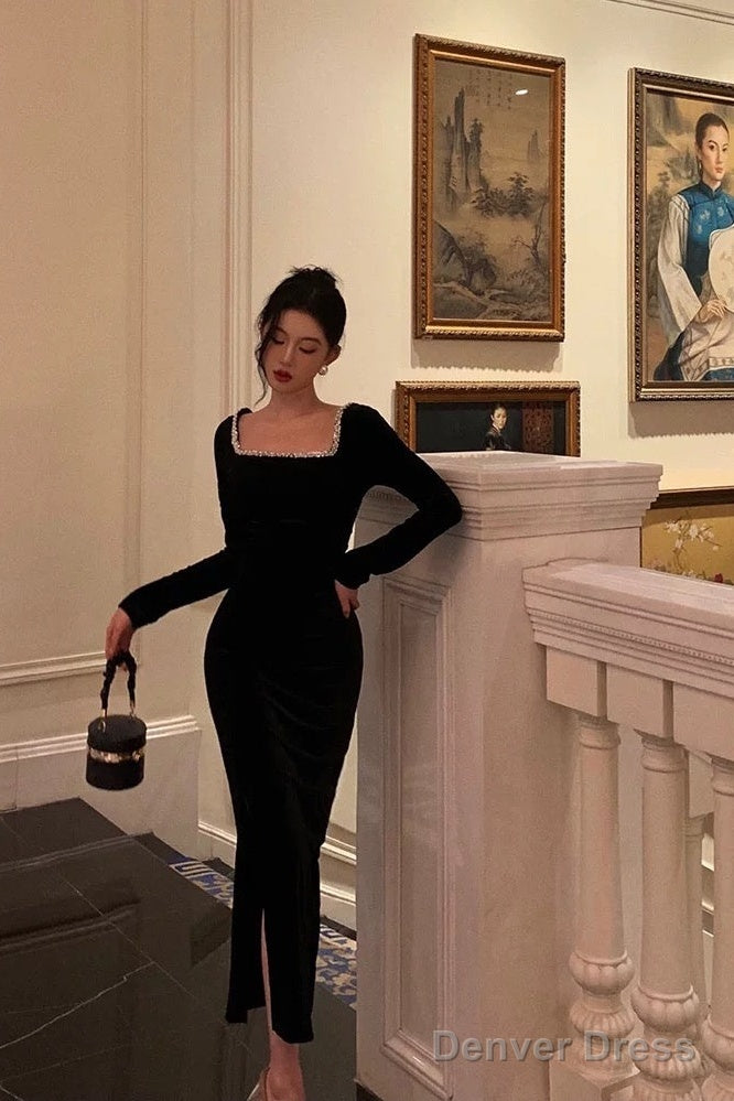 Sexy Mermaid Square Neckline Black Velvet Slit Prom Dresses Birthday Outfits