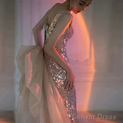 Sexy Mermaid Square Neckline Sequin Floor Length Floral Prom Dresses