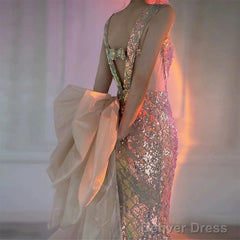 Sexy Mermaid Square Neckline Sequin Floor Length Floral Prom Dresses