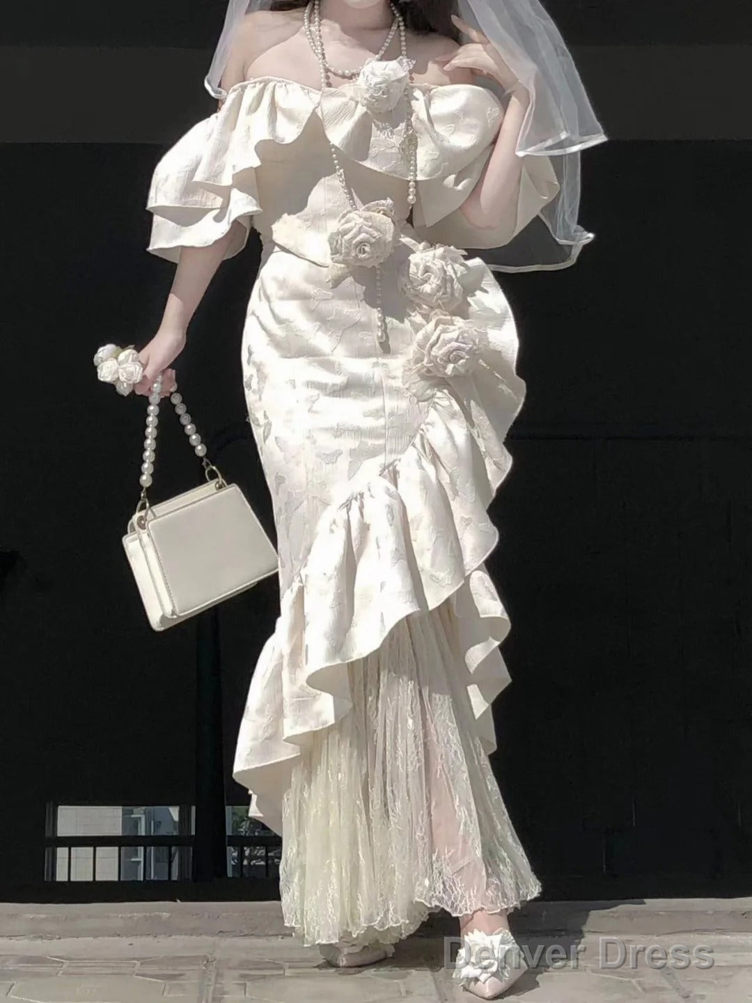 Sexy Mermaid Square Neckline Short Sleeves WomenS Engagement Dress Vacation Dress Birthday Dresses With Flowers Main image