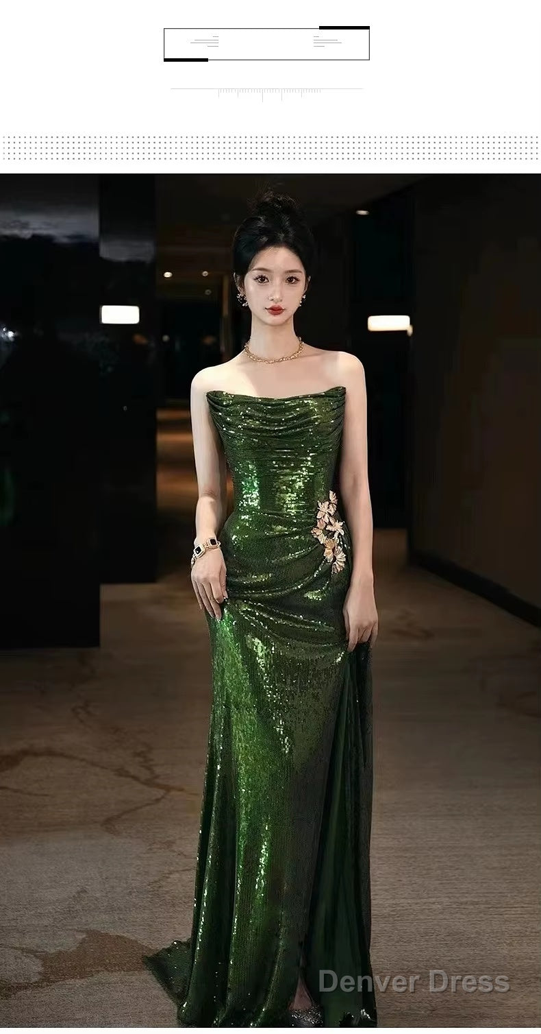 Sexy Mermaid Strapless Dark Green Sequin Long Prom Dresses Evening Gowns
