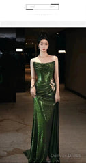 Sexy Mermaid Strapless Dark Green Sequin Long Prom Dresses Evening Gowns