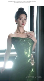 Sexy Mermaid Strapless Dark Green Sequin Long Prom Dresses Evening Gowns