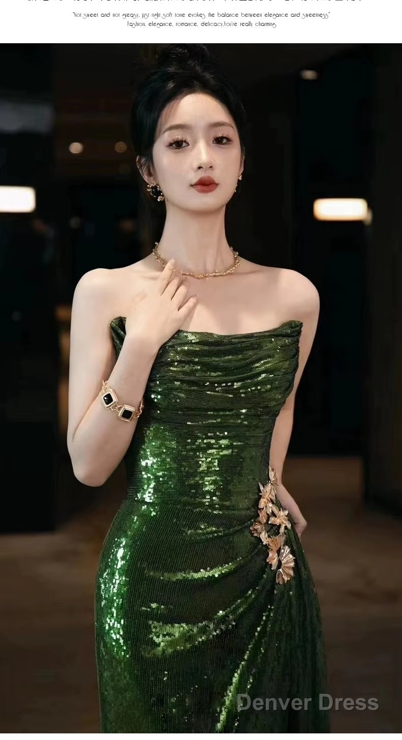 Sexy Mermaid Strapless Dark Green Sequin Long Prom Dresses Evening Gowns