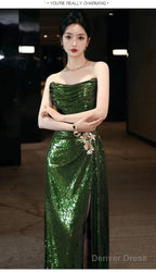 Sexy Mermaid Strapless Dark Green Sequin Long Prom Dresses Evening Gowns
