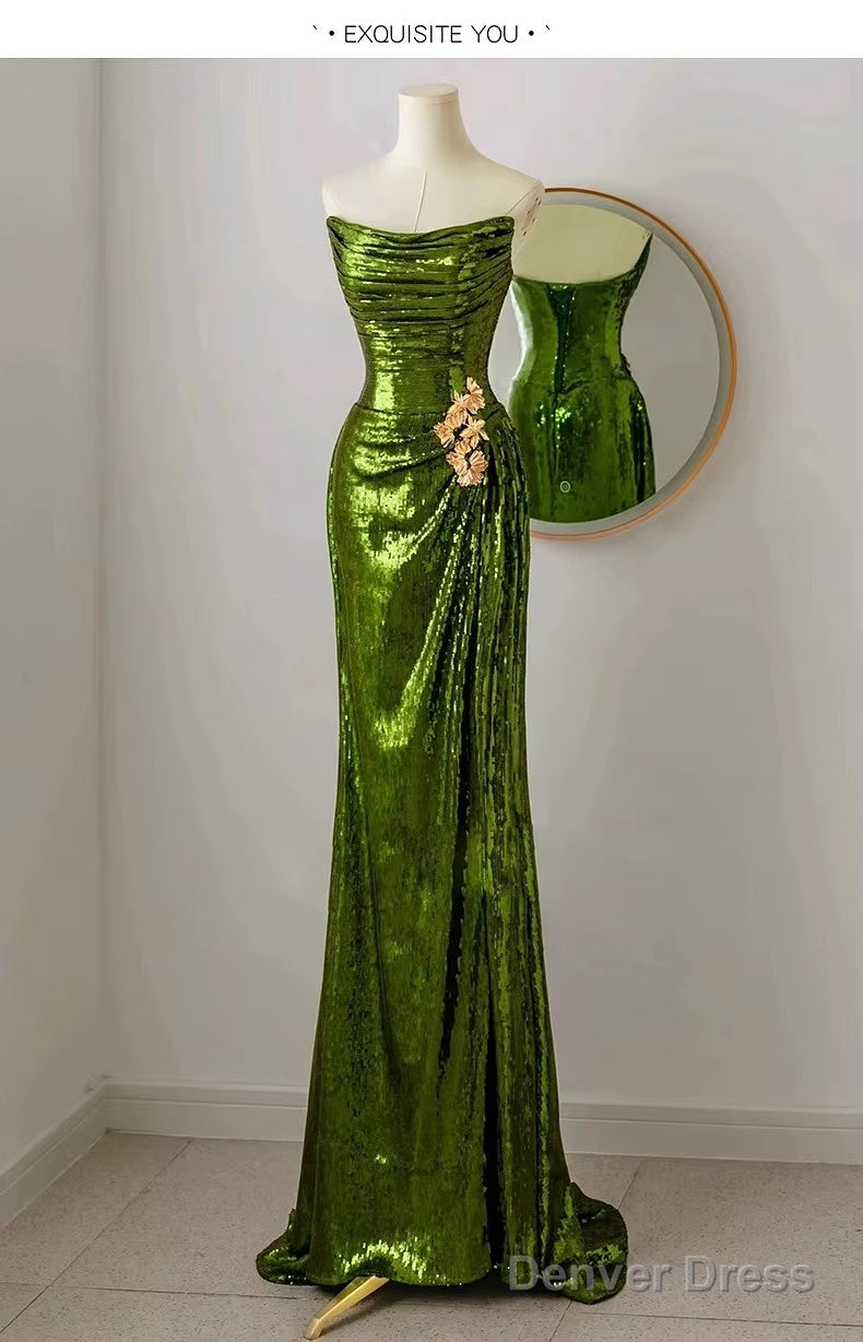 Sexy Mermaid Strapless Dark Green Sequin Long Prom Dresses Evening Gowns