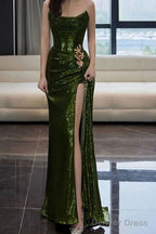 Sexy Mermaid Strapless Dark Green Sequin Long Prom Dresses Evening Gowns