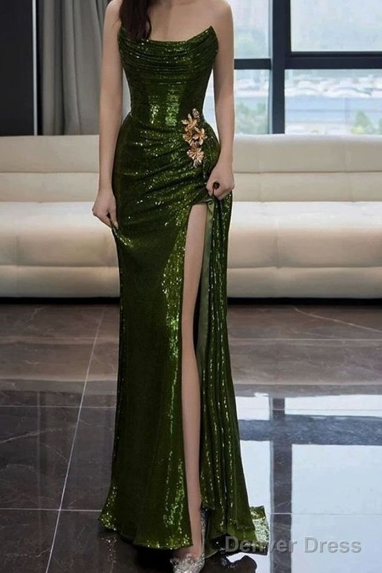 Sexy Mermaid Strapless Dark Green Sequin Long Prom Dresses Evening Gowns