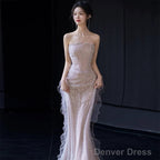 Sexy Mermaid Strapless Neckline Sequin Long Floor Length Pearls Prom Dresses