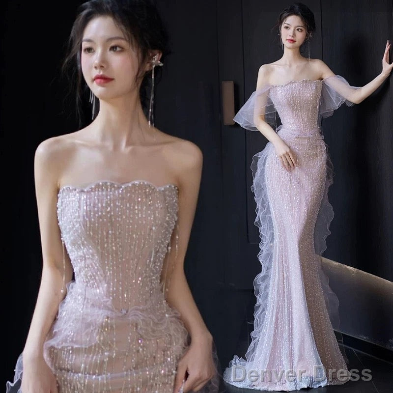 Sexy Mermaid Strapless Neckline Sequin Long Floor Length Pearls Prom Dresses Main image