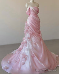 Sexy Mermaid Strapless Pink Long Floral Prom Dresses Party Dress
