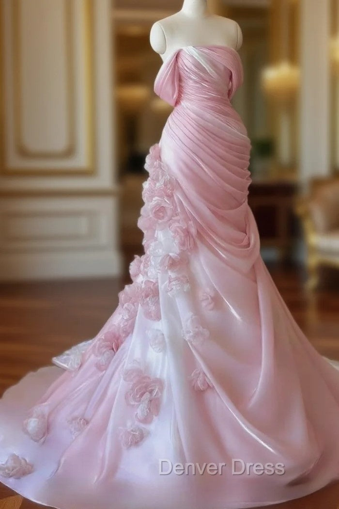 Sexy Mermaid Strapless Pink Long Floral Prom Dresses Party Dresses Main image