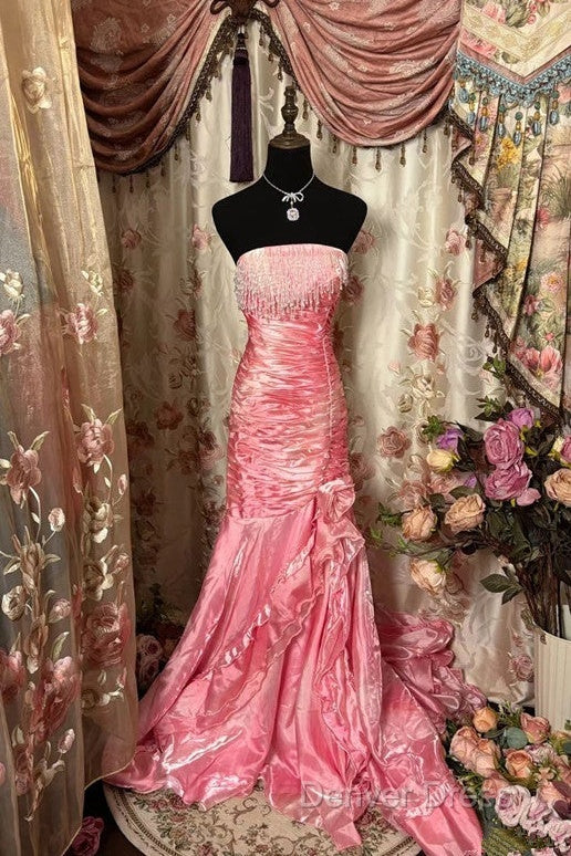Sexy Mermaid Strapless Pink Satin Long Evening Dresses Party Dresses Prom Dresses