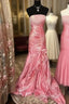 Sexy Mermaid Strapless Pink Satin Long Evening Dresses Party Dresses Prom Dresses