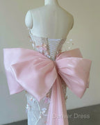 Sexy Mermaid Strapless Pink Sequin Long Floral Prom Dresses Party Dresses