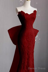 Sexy Mermaid Strapless Red Lace Long Prom Dress