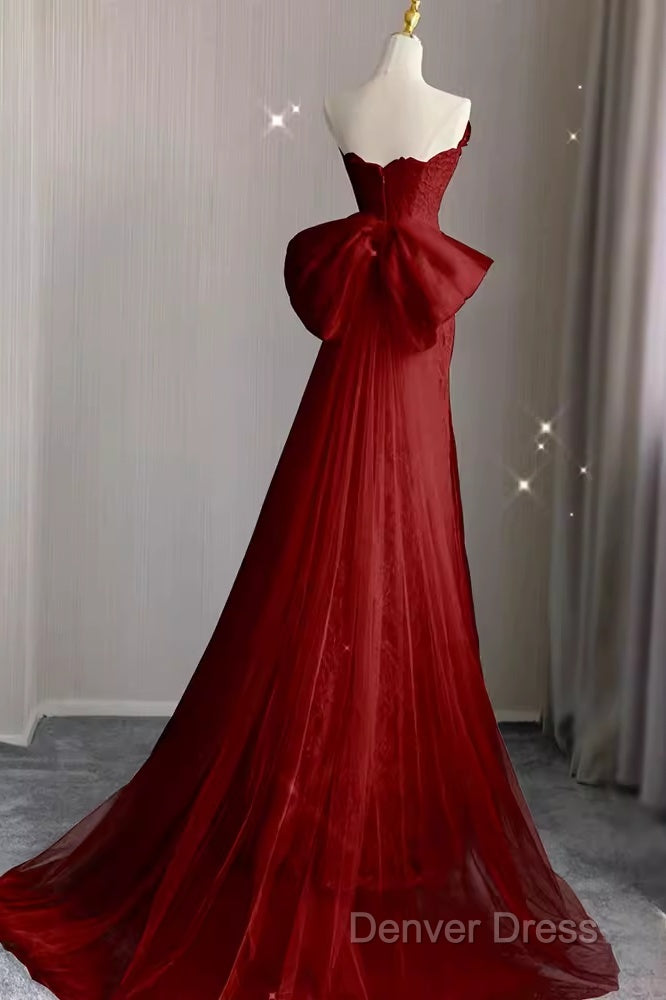 Sexy Mermaid Strapless Red Lace Long Prom Dresses