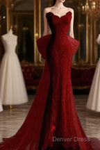 Sexy Mermaid Strapless Red Lace Long Prom Dresses