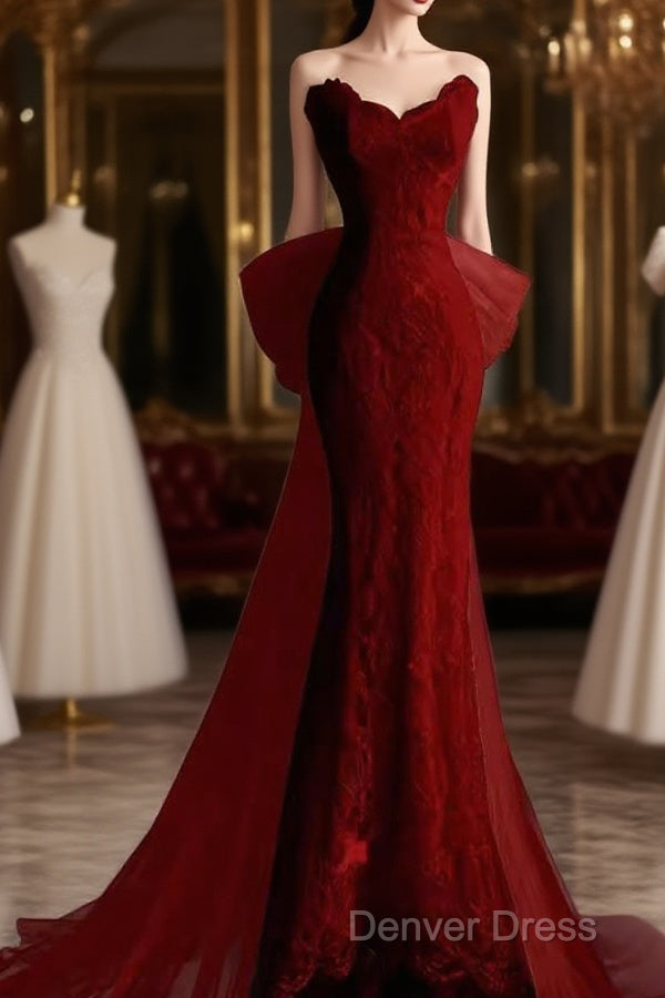 Sexy Mermaid Strapless Red Lace Long Prom Dresses