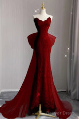 Sexy Mermaid Strapless Red Lace Long Prom Dress