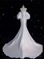 Sexy Mermaid Strapless Short Sleeves White Satin Wedding Dresses Brides Dress