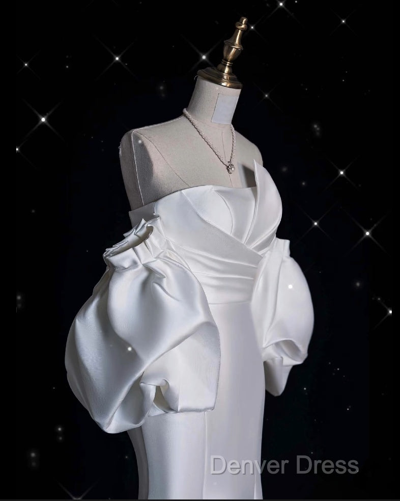 Sexy Mermaid Strapless Short Sleeves White Satin Wedding Dresses Brides Dresses