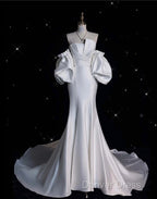 Sexy Mermaid Strapless Short Sleeves White Satin Wedding Dress Brides Dresses