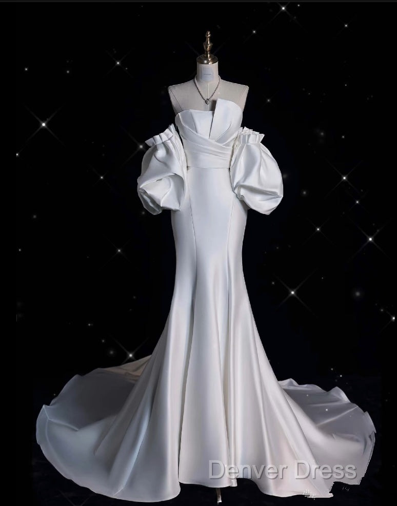 Sexy Mermaid Strapless Short Sleeves White Satin Wedding Dress Brides Dresses