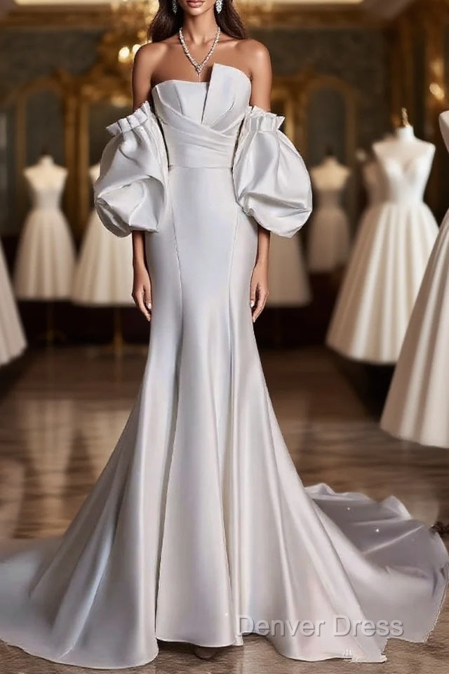 Sexy Mermaid Strapless Short Sleeves White Satin Wedding Dresses Brides Dresses Main image