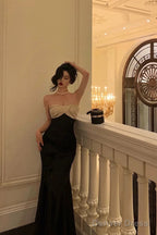 Sexy Mermaid Strapless Sleeveless Black Ankle Length Ruffle Prom Dresses Birthday Outfits