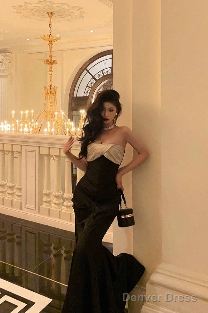 Sexy Mermaid Strapless Sleeveless Black Ankle Length Ruffle Prom Dresses Birthday Outfits Main image